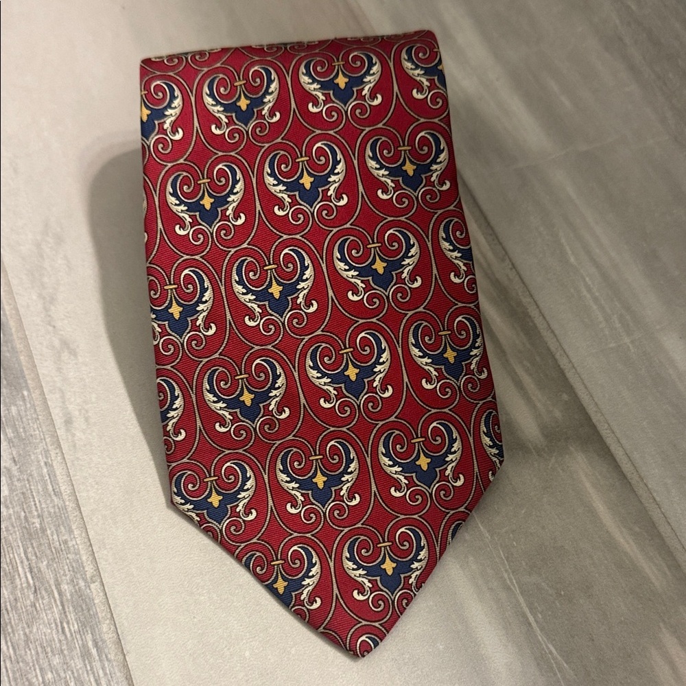 Dior Red Tie with Navy and Gold Scroll Motif